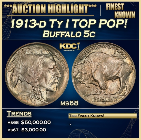 1913-d Ty I Buffalo Nickel TOP POP! 5c ms68 SEGS