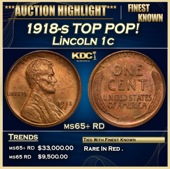 1918-s Lincoln Cent TOP POP! 1c ms65+ RD SEGS