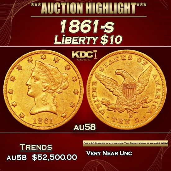 1861-s Gold Liberty Eagle $10 au58 SEGS