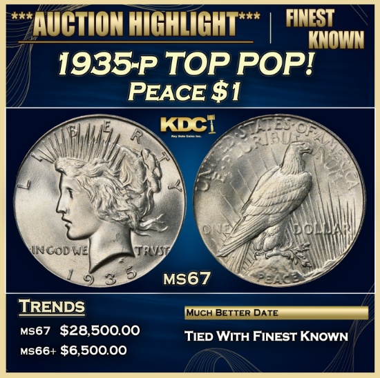 1935-p Peace Dollar TOP POP! $1 ms67 SEGS