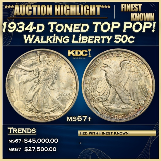1934-d Walking Liberty Half Dollar Toned TOP POP! 50c ms67+ SEGS