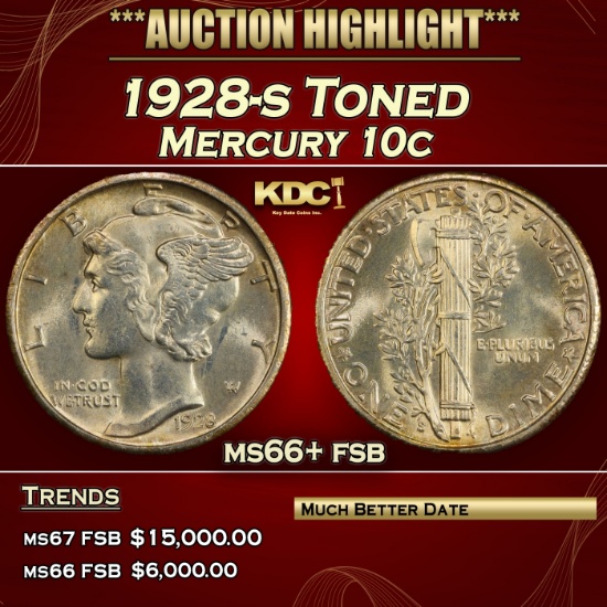 1928-s Mercury Dime Toned 10c ms66+ fsb SEGS