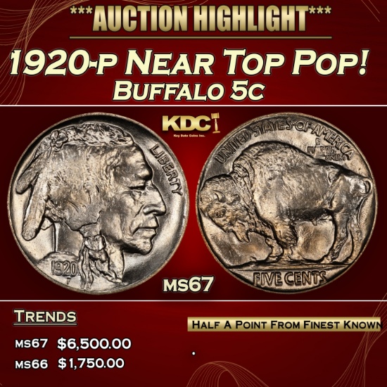 1920-p Buffalo Nickel Near Top Pop! 5c ms67 SEGS