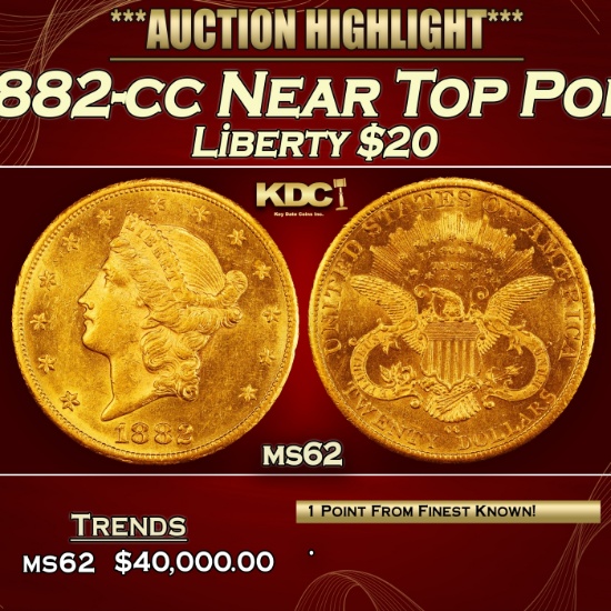 1882-cc Gold Liberty Double Eagle Near Top Pop! $20 ms62 USCG