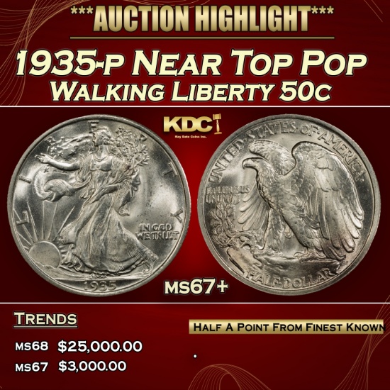 1935-p Walking Liberty Half Dollar Near Top Pop 50c ms67+ SEGS