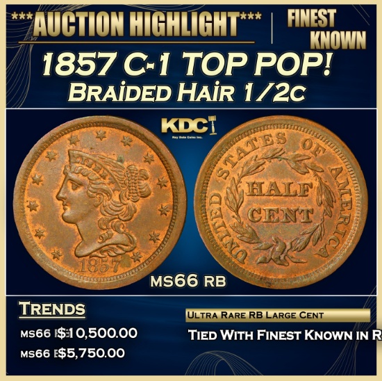 1857 Braided Hair Half Cent C-1 TOP POP! 1/2c ms66 rb SEGS