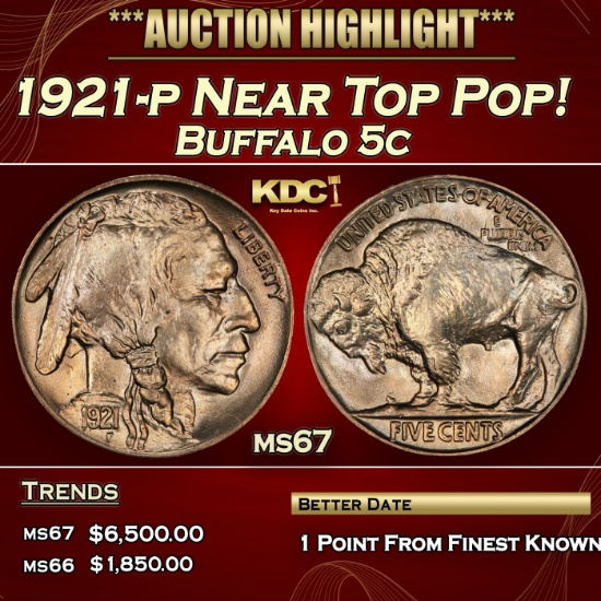 1921-p Buffalo Nickel Near Top Pop! 5c ms67 SEGS