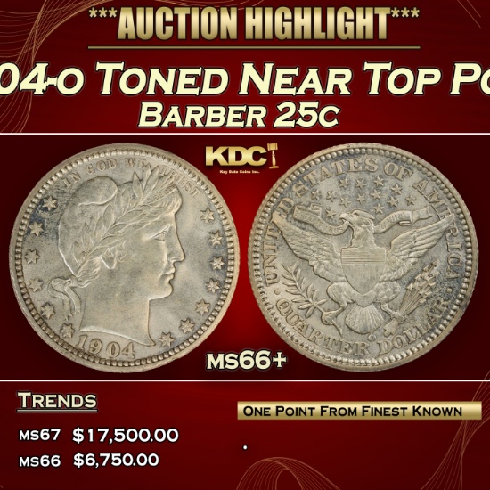 1904-o Barber Quarter Toned Near Top Pop 25c ms66+ SEGS