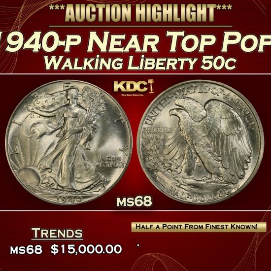 1940-p Walking Liberty Half Dollar Near Top Pop! 50c ms68 SEGS
