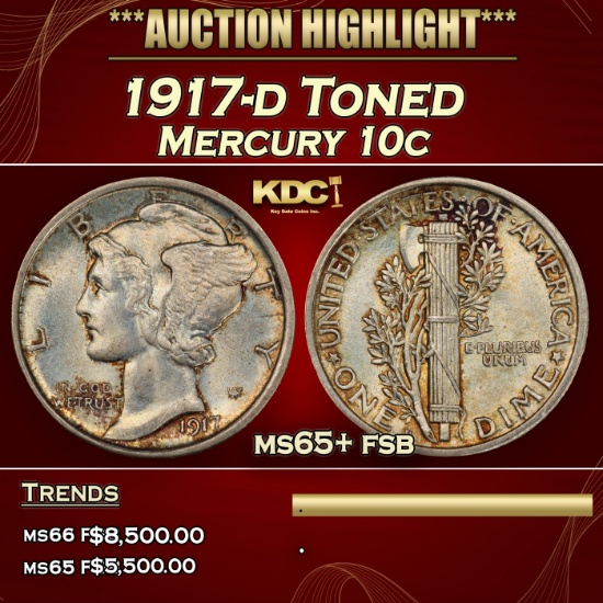 1917-d Mercury Dime Toned 10c ms65+ fsb SEGS