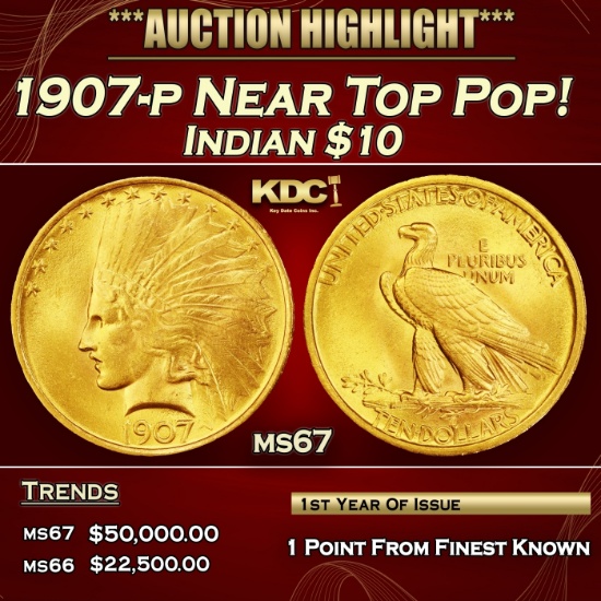 1907-p Gold Indian Eagle Near Top Pop! $10 ms67 SEGS