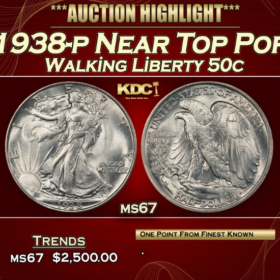 1938-p Walking Liberty Half Dollar Near Top Pop 50c ms67 SEGS