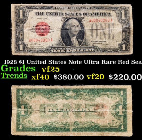 1928 $1 United States Note Ultra Rare Red Seal Grades vf+