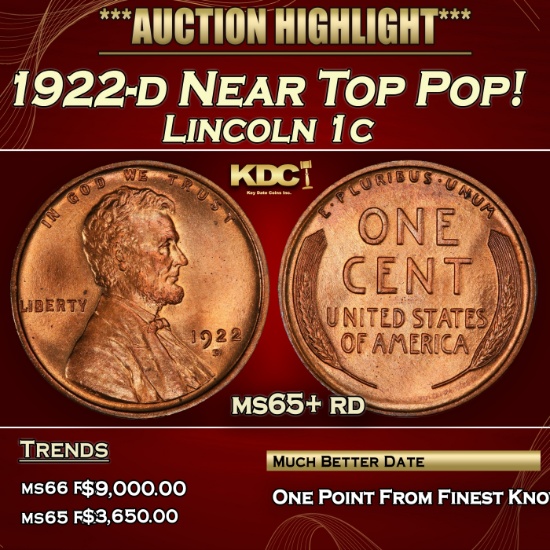 1922-d Lincoln Cent Near Top Pop! 1c ms65+ rd SEGS