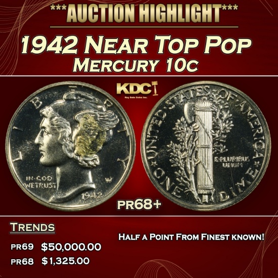 1942 Proof Mercury Dime Near Top Pop 10c pr68+ SEGS