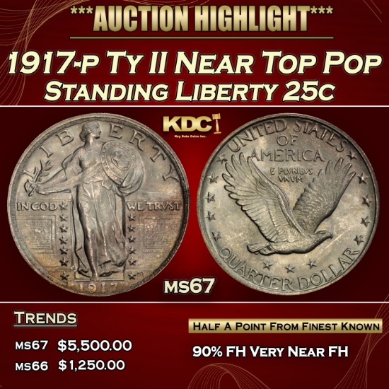 1917-p Ty II Standing Liberty Quarter Near Top Pop 25c Grades ms67