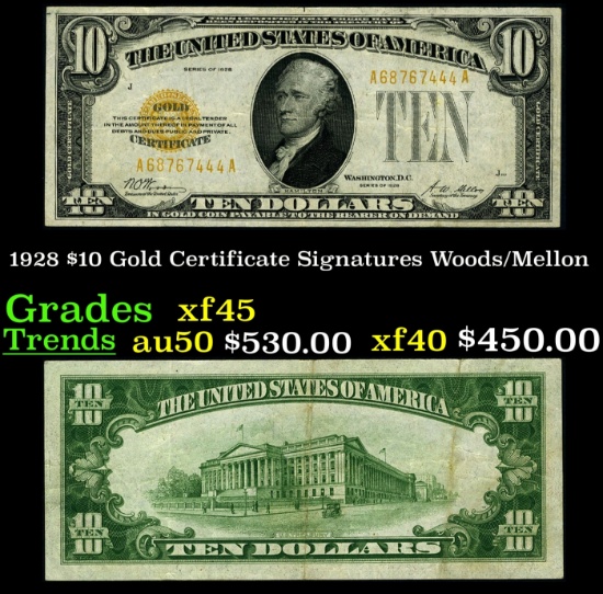 1928 $10 Gold Certificate Signatures Woods/Mellon Grades xf+