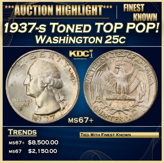 1937-s Washington Quarter Toned TOP POP! 25c ms67+ SEGS