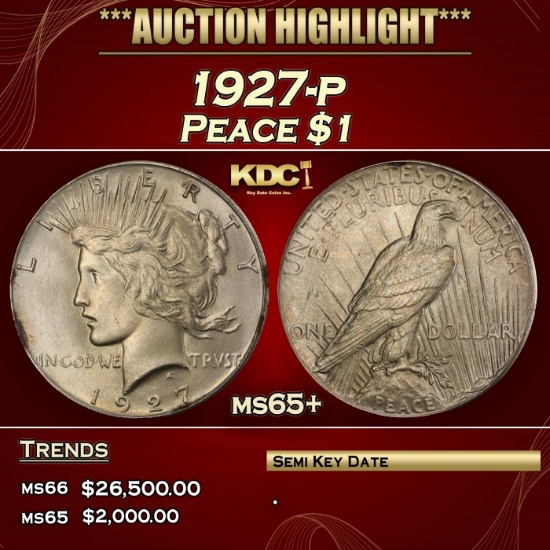 1927-p Peace Dollar $1 ms65+ SEGS