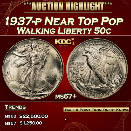1937-p Walking Liberty Half Dollar Near Top Pop 50c ms67+ SEGS