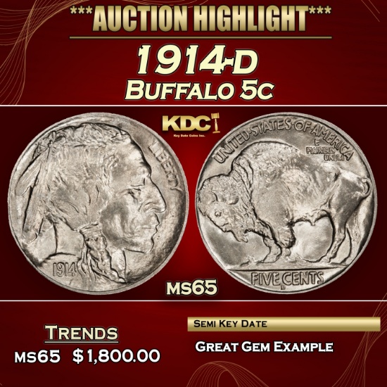 1914-d Buffalo Nickel 5c ms65 SEGS