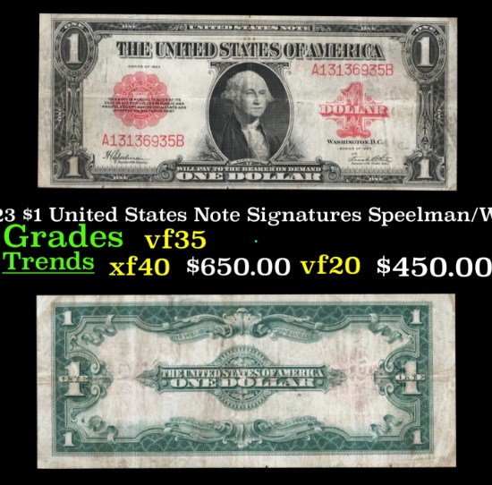 1923 $1 United States Note Grades vf++ Signatures Speelman/White