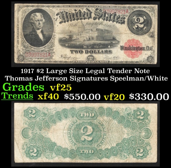 1917 $2 Large Size Legal Tender Note Thomas Jefferson Grades vf+ Signatures Speelman/White