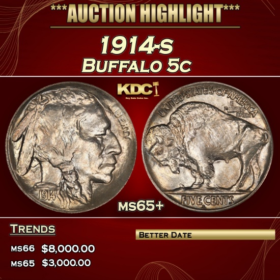 1914-s Buffalo Nickel 5c ms65+ SEGS
