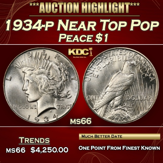1934-p Peace Dollar Near Top Pop $1 ms66 SEGS