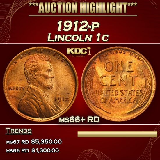 1912-p Lincoln Cent 1c ms66+ RD SEGS