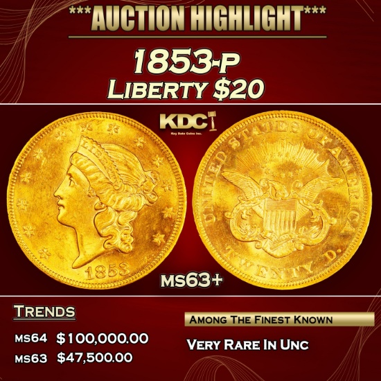 1853-p Gold Liberty Double Eagle $20 ms63+ SEGS