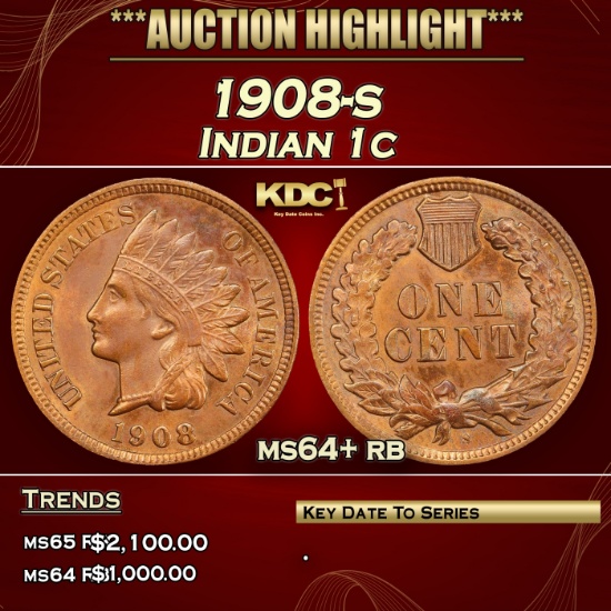 1908-s Indian Cent 1c ms64+ rb SEGS