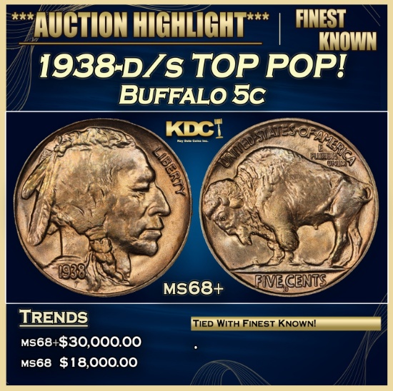 1938-d/s Buffalo Nickel TOP POP! 5c ms68+ SEGS