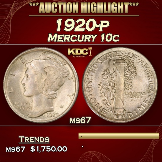 1920-p Mercury Dime 10c ms67 SEGS
