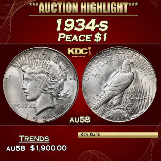 1934-s Peace Dollar $1 au58 SEGS