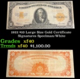 1922 $10 Large Size Gold Certificate Grades xf Signatures Speelman/White