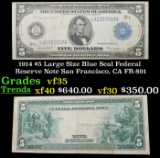 1914 $5 Large Size Blue Seal Federal Reserve Note San Francisco, CA Grades vf++ FR-891