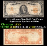 1922 $10 Large Size Gold Certificate Grades vf+ Signatures Speelman/White