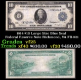 1914 $10 Large Size Blue Seal Federal Reserve Note Richmond, VA Grades vf+ FR-921