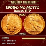 1908-d No Motto Gold Indian Eagle $10 ms62 USCG