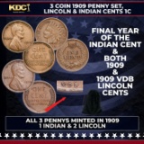 3 Coin 1909 Penny Set, Lincoln & Indian Cents 1c