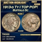 1913-d Ty I Buffalo Nickel TOP POP! 5c ms68 SEGS