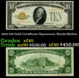 1928 $10 Gold Certificate Signatures Woods/Mellon Grades xf+