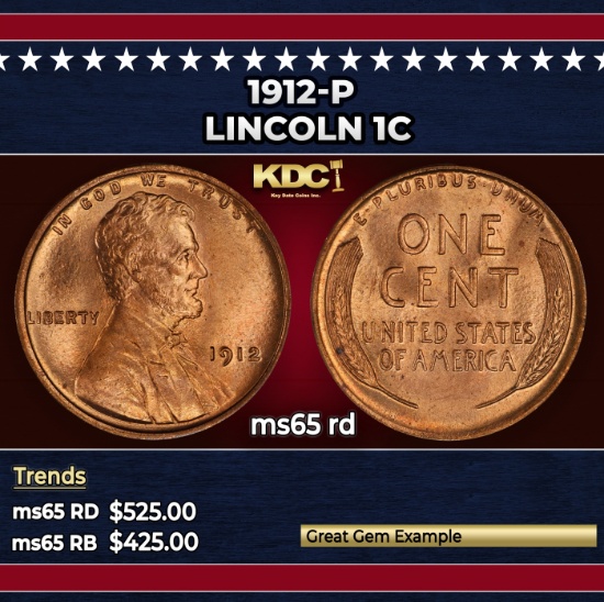1912-p Lincoln Cent 1c Grades ms65 rd