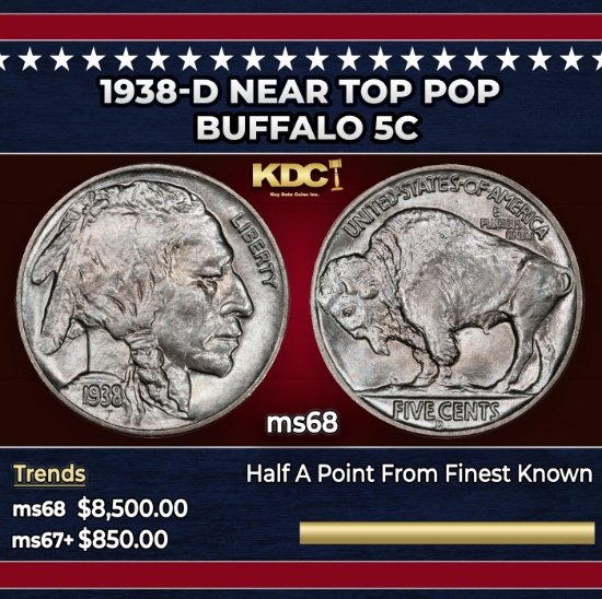 1938-d Buffalo Nickel Near Top Pop 5c ms68 SEGS