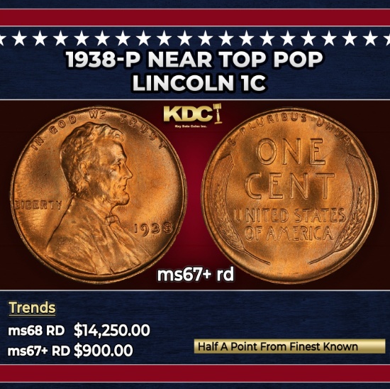 1938-p Lincoln Cent Near Top Pop 1c ms67+ rd SEGS