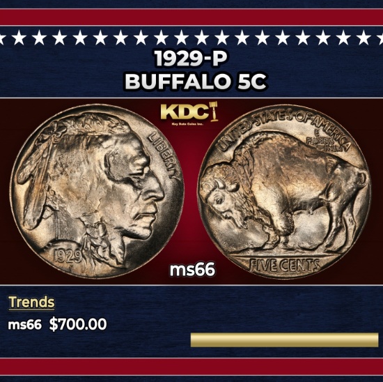 1929-p Buffalo Nickel 5c Grades ms66