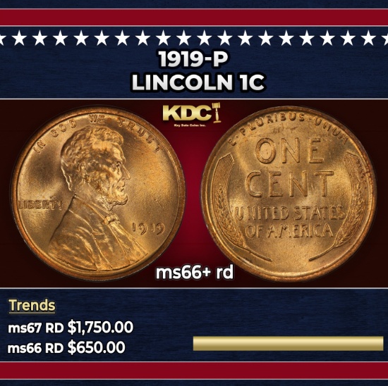 1919-p Lincoln Cent 1c ms66+ rd SEGS