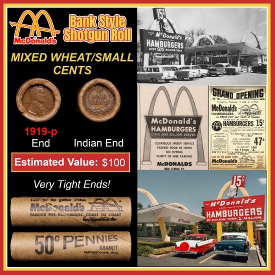 Lincoln Wheat Cent 1c Mixed Roll Orig Brandt McDonalds Wrapper, 1919-p end, Indian other end