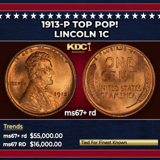 1913-p Lincoln Cent TOP POP! 1c ms67+ rd SEGS